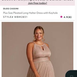 Oleg Cassini Shimmery Blush Pleated Halter Gown from David’s Bridal